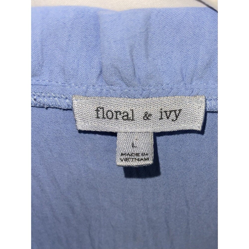 Floral & Ivy Shirt Flitter Sleeve Rouched Eyelet Tie Neck Blue Women’s Size L - Picture 2 of 11